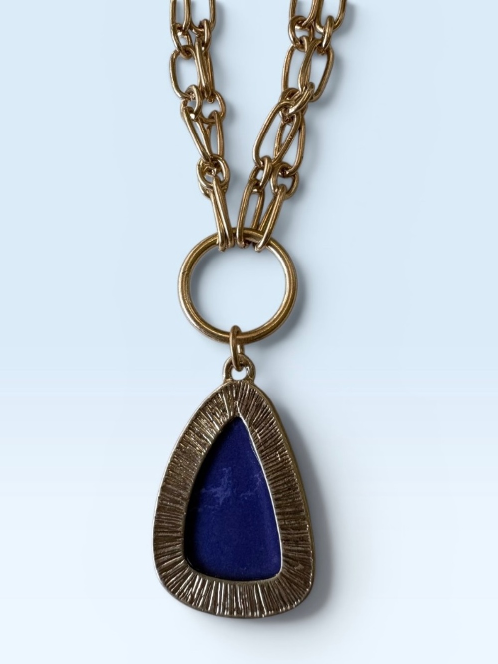 New Goldtone Double Chain Necklace with a Faux Lapis Pendant by Plunder Design - Picture 6 of 8